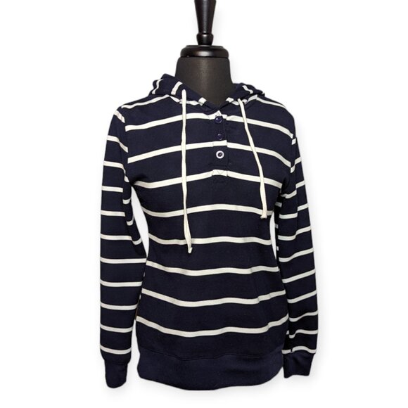 Unknown Tops - Blue & White Striped Long Sleeve Pullover Hoodie Size Small